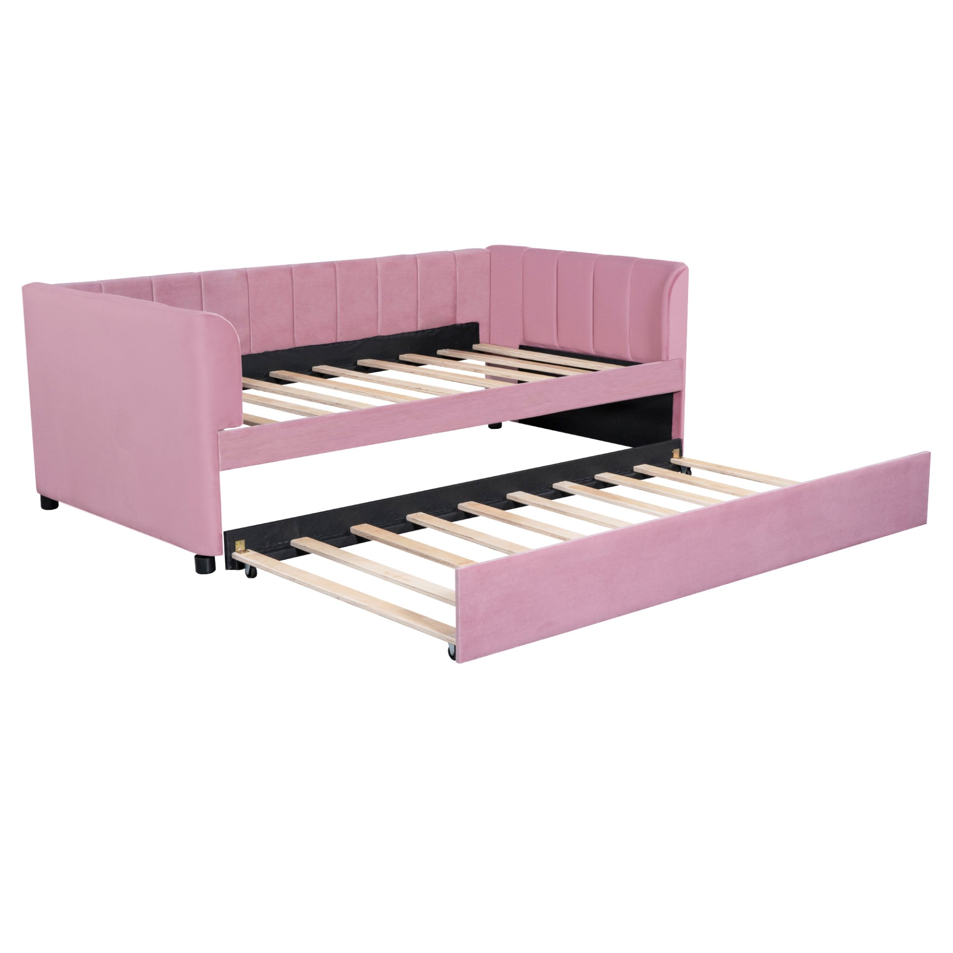 Twin Size Upholstered Daybed With Ergonomic Design Backrest And Trundle - Pink - Image 6