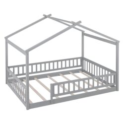 Full Size Bed House Bed Frame With Fence - Gray