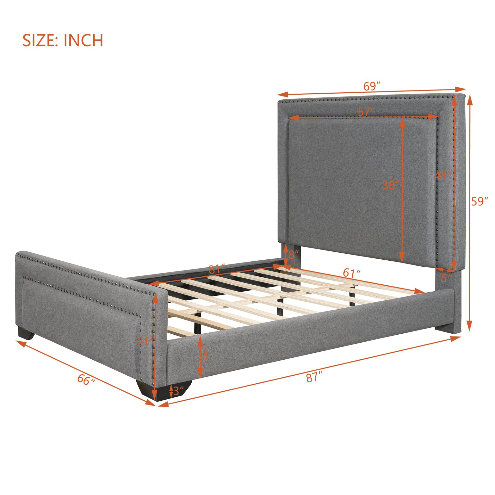 Queen Size Upholstered Bed With Slats Support, No Box Spring Needed - Gray - Image 3