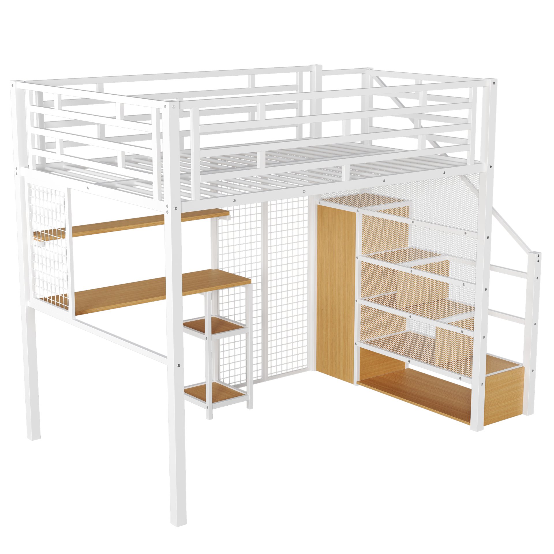 Full Size Metal Loft Bed With Wardrobe, Desk, Storage Shelves - White - Image 9