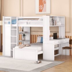 Full Size Loft Bed With A Twin Size Stand Alone Bed, Shelves, Desk, And Wardrobe - White
