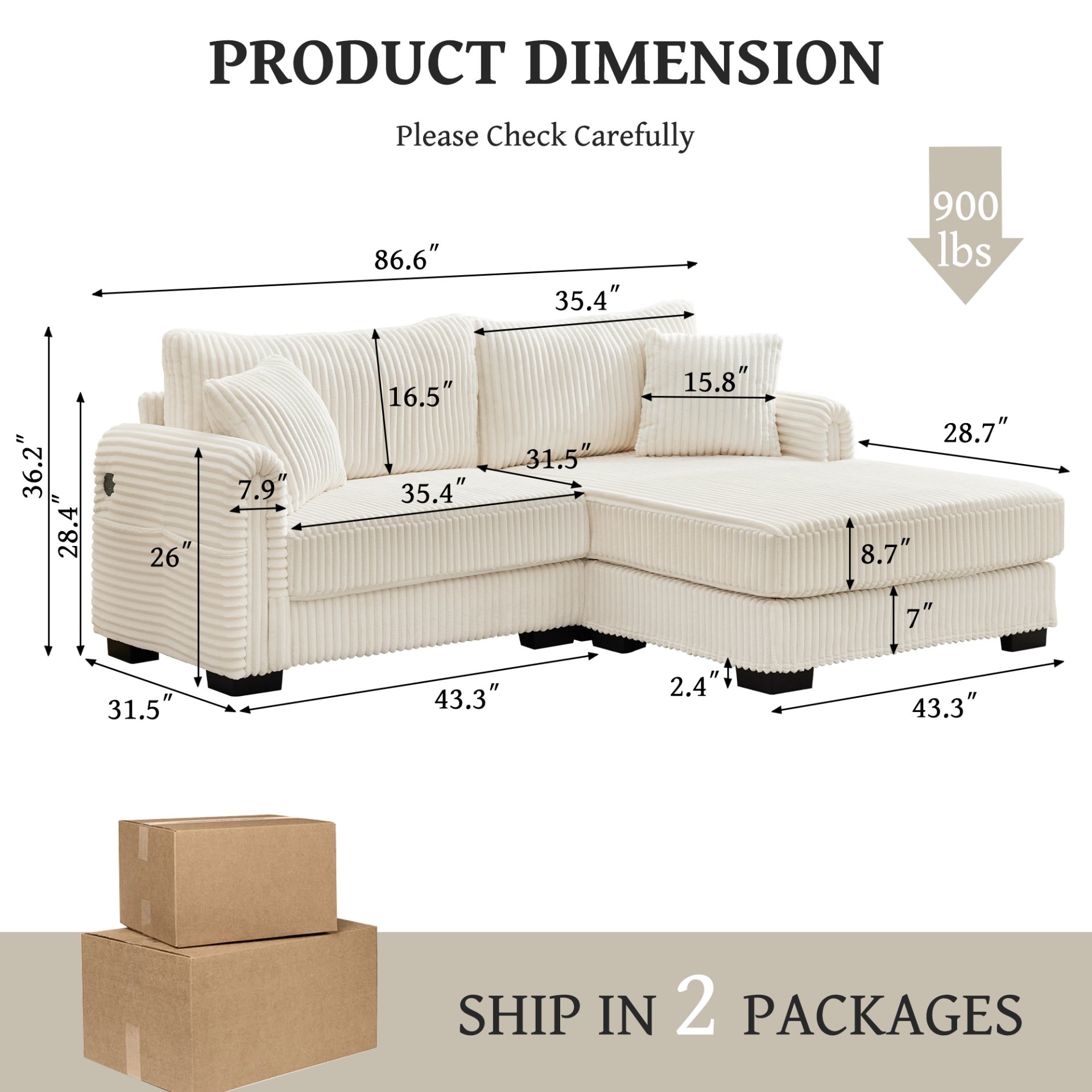 2 Seater L Shaped Chaise Sofa With Reversible Cushion Corduroy Fabric, USB - C Charging Port, Storage Pocket, Convertible Left / Right Design For Living Room - Beige - Image 3