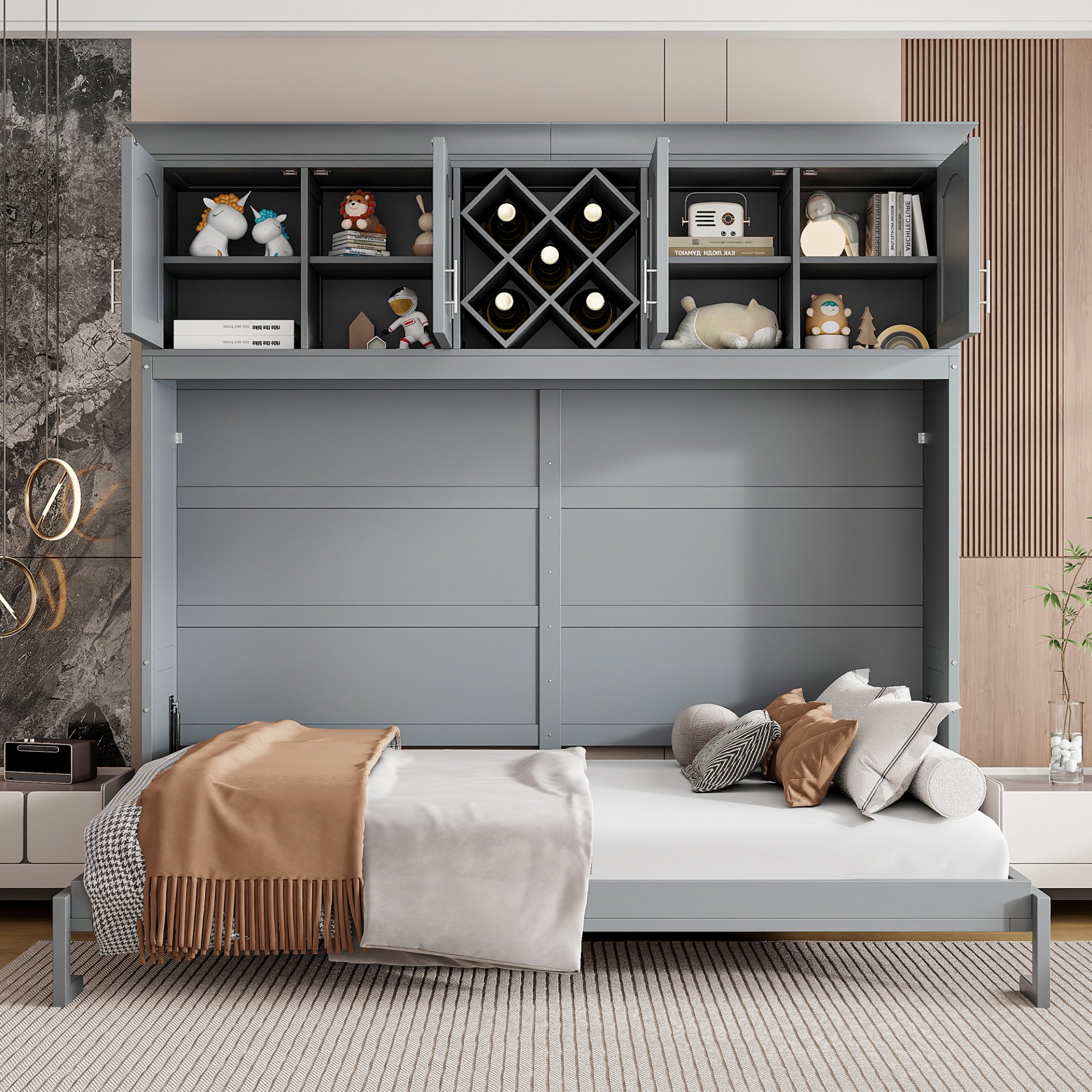Queen Size Murphy Wall Bed With Top Cabinets & Wine Rack - Gray - Image 2