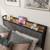 Full Size Bed Frame With Charging Station, Upholstered Headboard, Metal Platform - Dark Gray - Image 4
