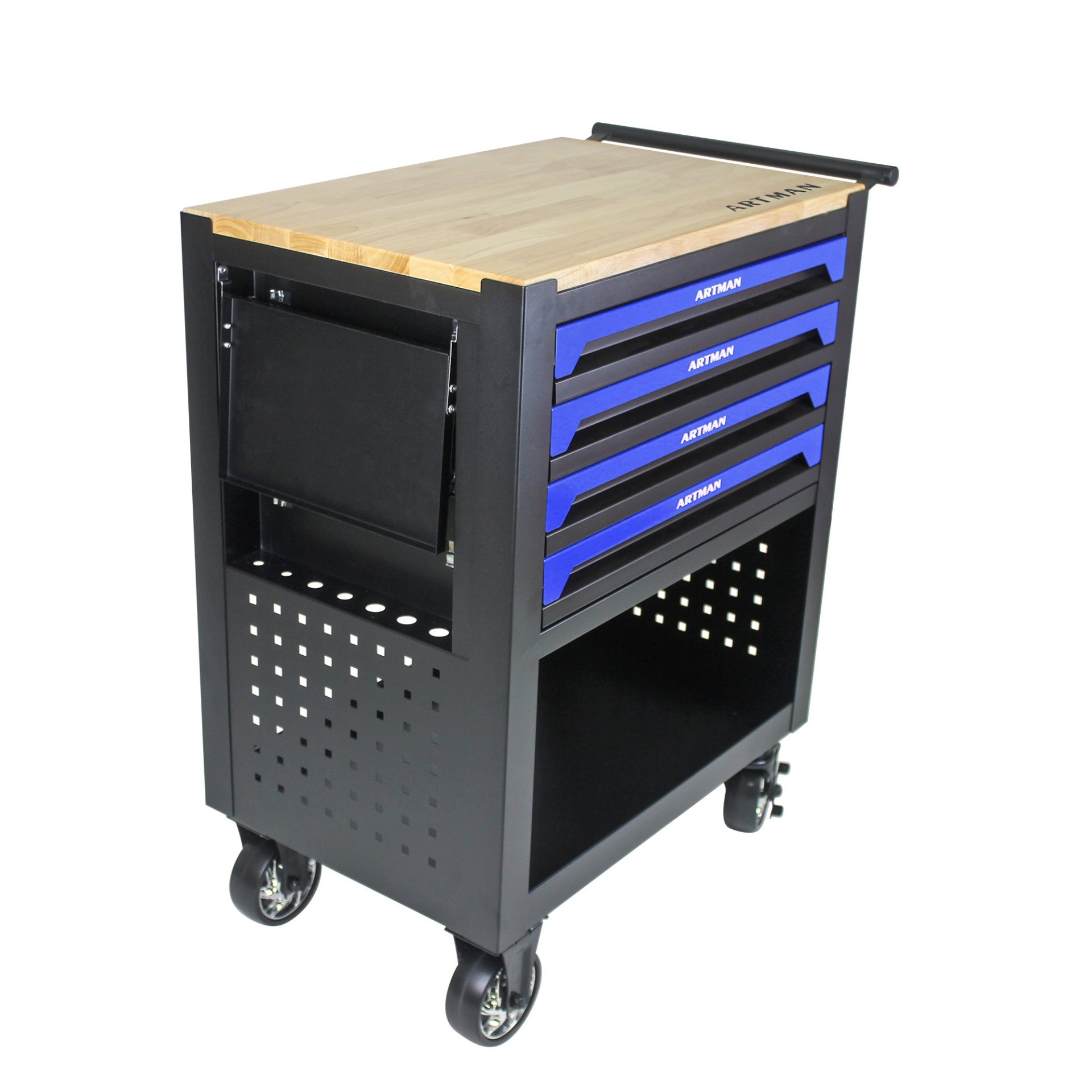 4 Drawers Multifunctional Tool Cart With Wheels And Wooden Top - Black / Blue - Image 9