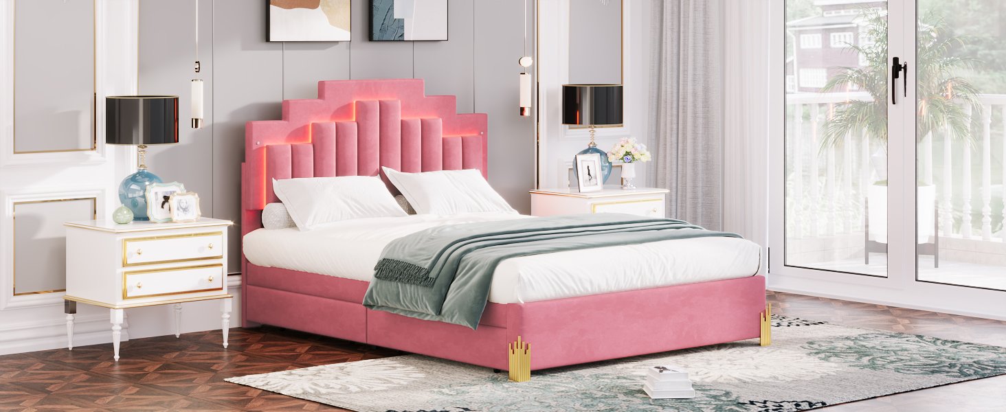Queen Size Upholstered Platform Bed With LED Lights And 4 Drawers, Stylish Irregular Metal Bed Legs Design - Pink - Image 16
