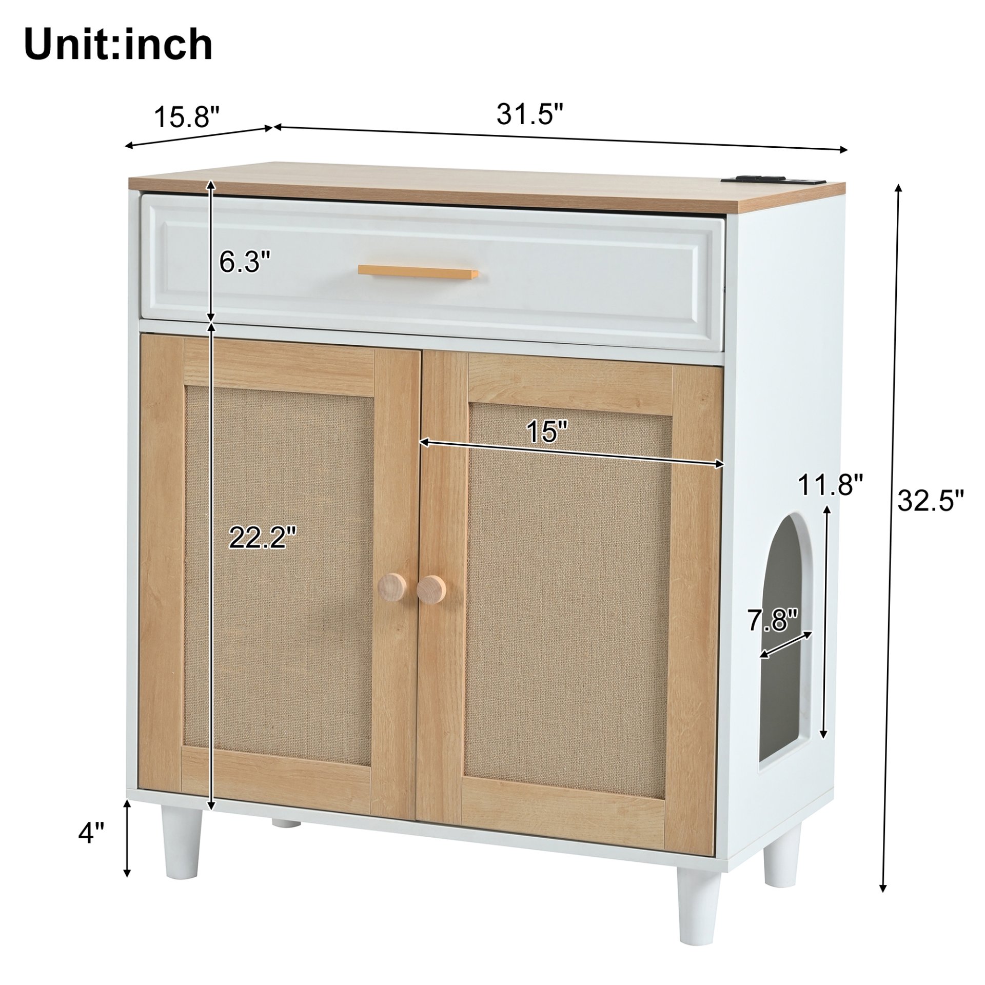 Pet Friendly Furniture Style Cat Litter Box House With Sisal Scratching Door And Charging Socket - Beige / White - Image 3