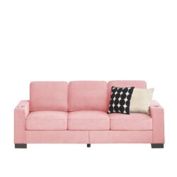 Modern Snowfleece Fabric 3 Seater Sofa With Cup Holders For Living Room Bedroom Office - Pink