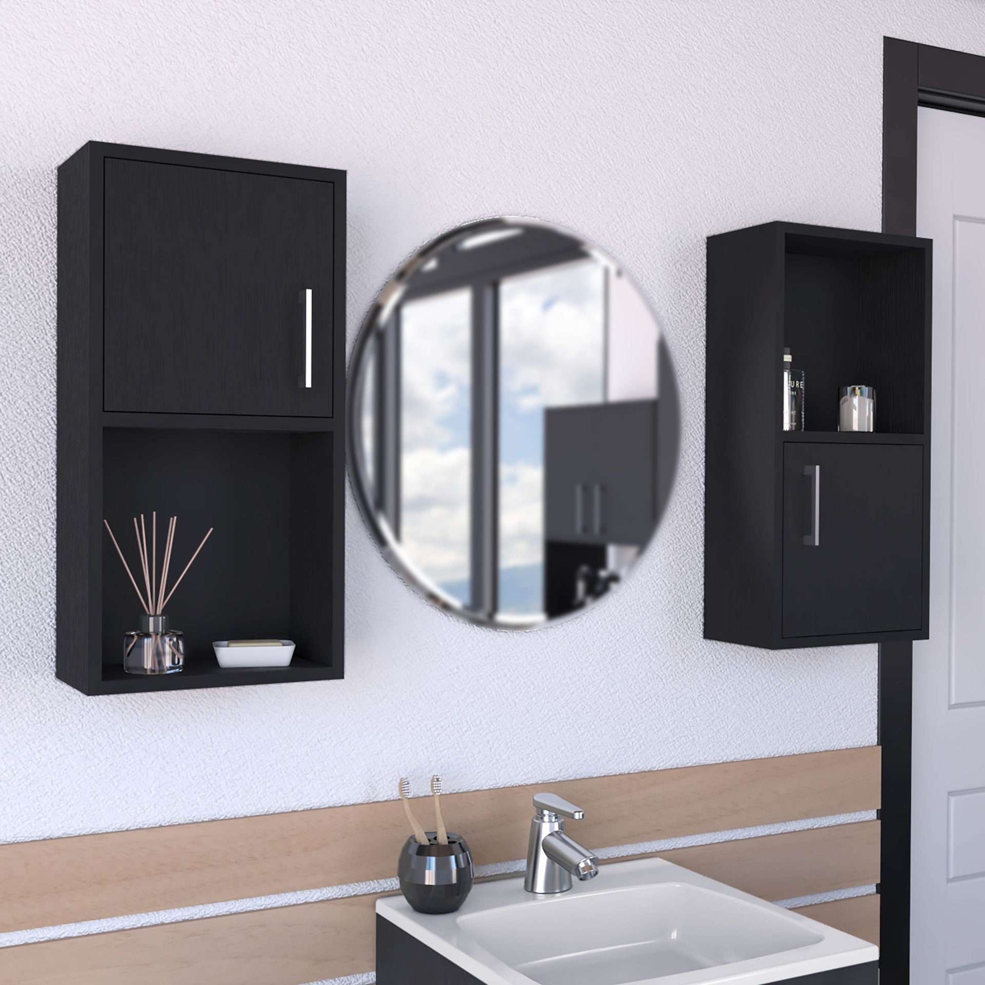 Wall Mounted Bathroom Medicine Cabinet Eak Two Doors, Two Shelves - Black - Image 2