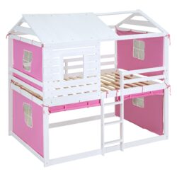 Full Size Bunk House Bed With Tent - Pink / White