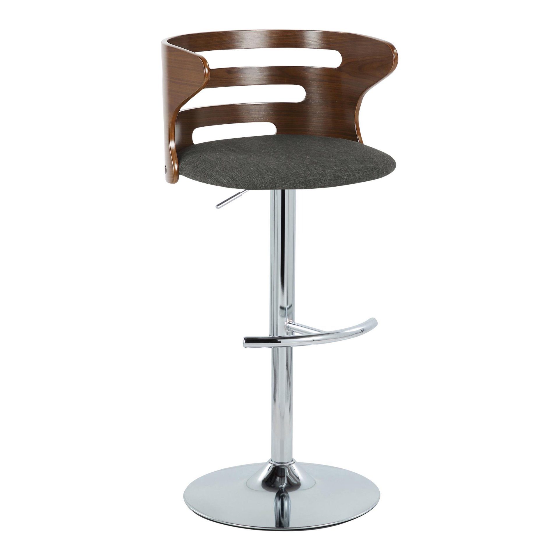 Cosi - Mid-Century Modern Adjustable Barstool With Swivel With Rounded T Footrest (Set of 2) - Chrome / Walnut / Charcoal - Image 2
