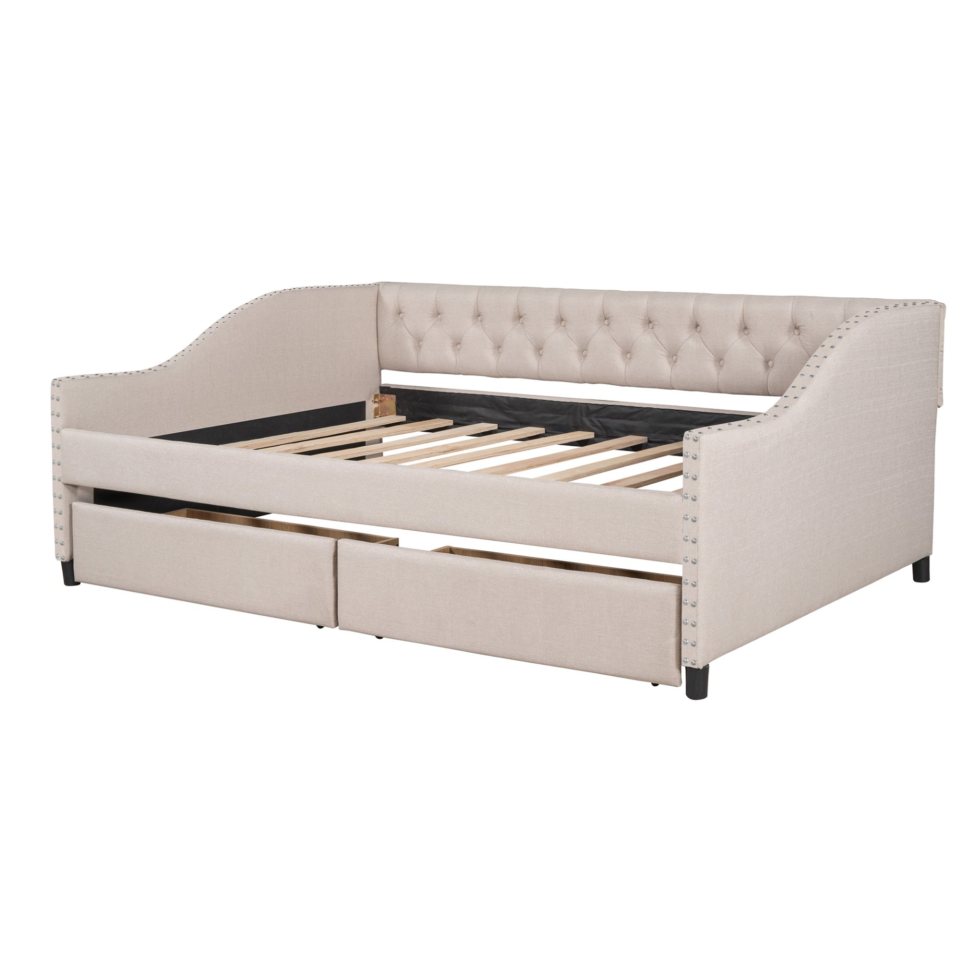 Full Size Upholstered Daybed With Two Drawers, Slat Support - Beige - Image 18