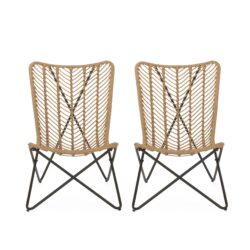 Wicker Chair With Geometric Cross Base, (Set of 2) - Light Brown