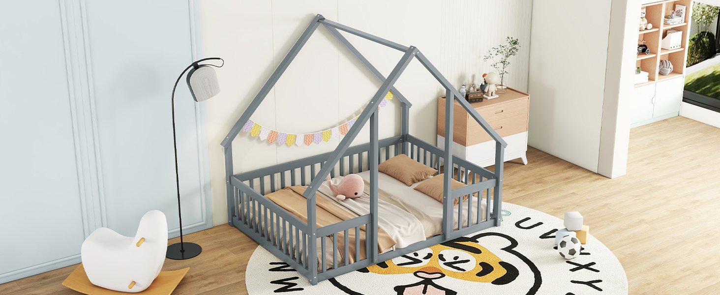 Full Wood House-Shaped Floor Bed With Fence, Guardrails - Gray - Image 11