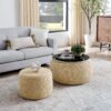 Woven Rattan Fabric Round Storage Ottoman With 2 In 1 Function As End Table And Ottoman - Dark Yellow - Image 4