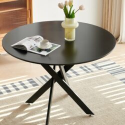 Mid-Century Dining Table For 4 - 6 People With Round MDF Table Top, Pedestal Dining Table, End Table Leisure Coffee Table, Cross Leg - Black