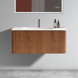 Etna - Striped Walnut Bathroom Vanity With Ceramic Sink, Wall Mounted Floating Bathroom Vanity For Modern Bathroom - Walnut / White