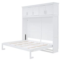 Full Size Space Saving Murphy Wall Bed With Top Cabinets, Flexible Slats - White