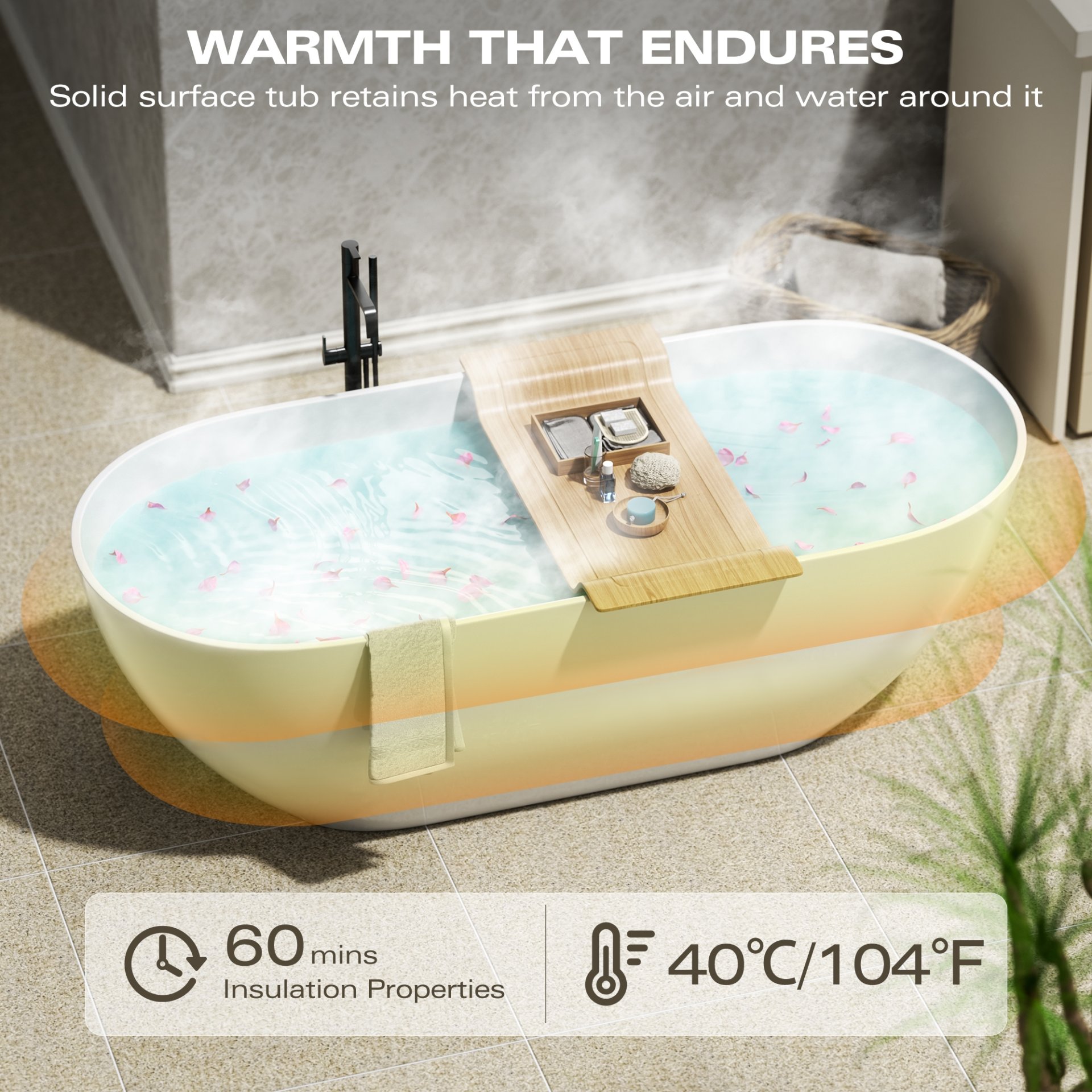 59" Freestanding Solid Surface Bathtub, Luxury Man-Made Stone Resin Freestanding Soaking Bathtub With Overflow And Pop-Up Drain For Contemporary Bathroom 22S03-59Gw - Glossy White - Image 4