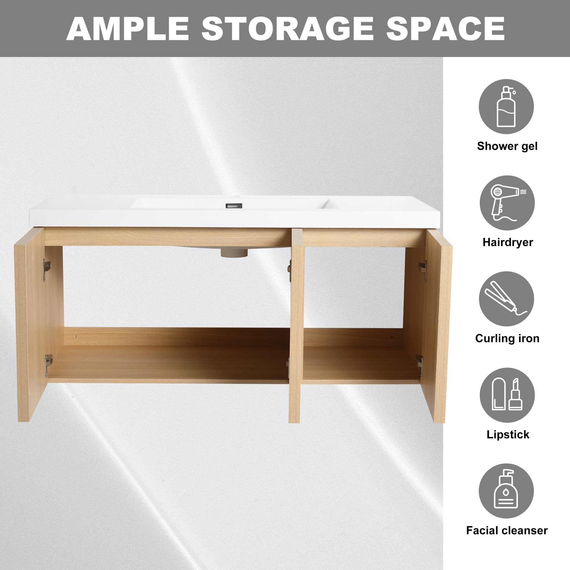 Original Wall Mounted Bathroom Vanity With Resin Sink And 3 Soft Closing Doors Plywood - Oak - Image 6