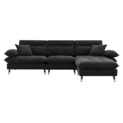 L Shaped Convertible Sectional Sofa 4 Seat Tufted Couch Set With Two Tone Adjust Legs Cloud Movable Ottoman - Black