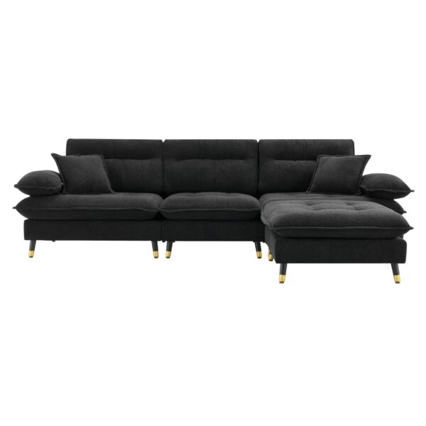 L Shaped Convertible Sectional Sofa 4 Seat Tufted Couch Set With Two Tone Adjust Legs Cloud Movable Ottoman - Black