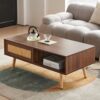 Rattan Coffee Table Sliding Door For Storage Legs Modern Table For Living Room - Walnut - Image 2