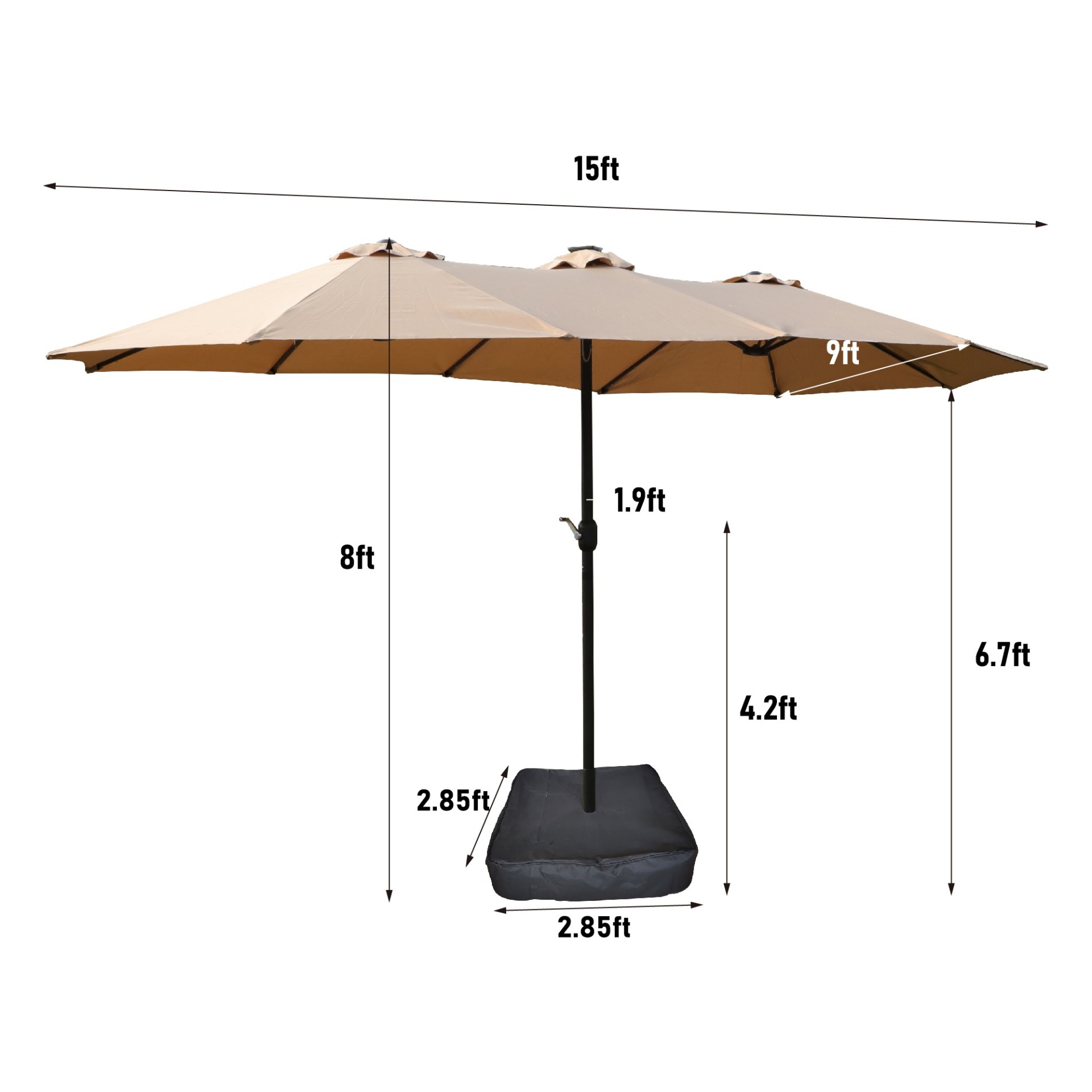 15 X 9 Ft Large Double Sided Rectangular Outdoor Twin Patio Market Umbrella With Light And Base - Taupe - Image 3