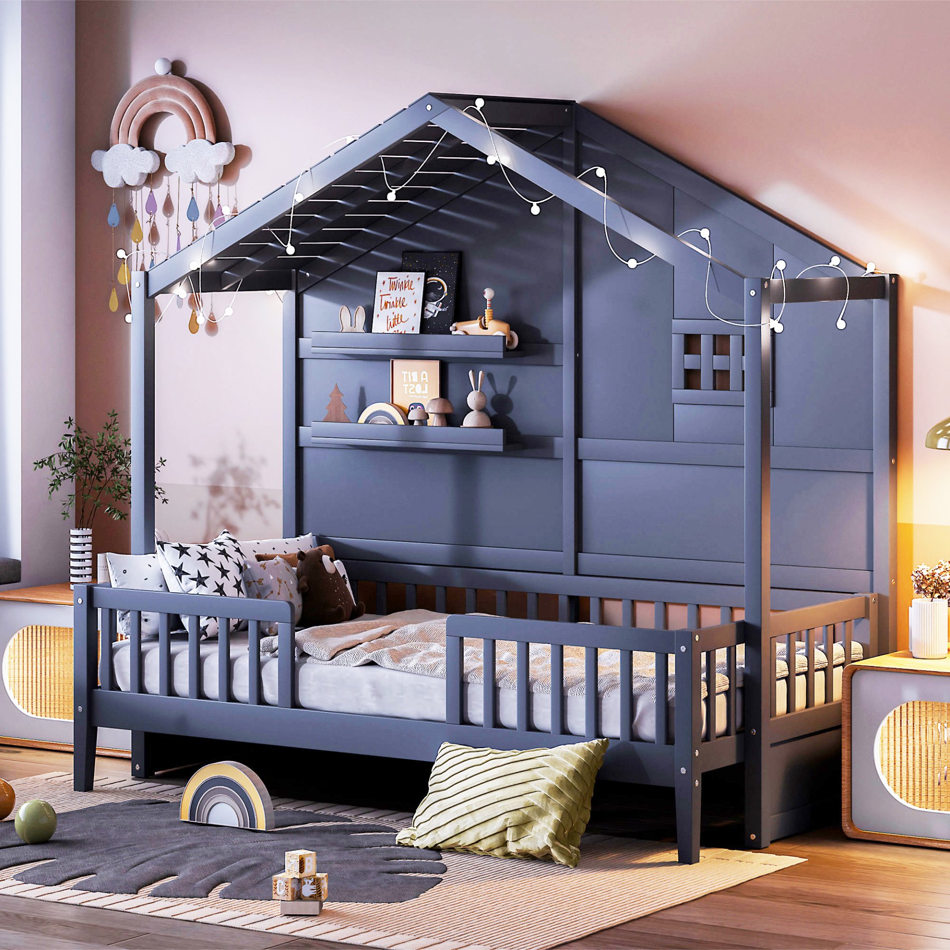 Twin Size House Bed With Shelves, Window And Sparkling Light Strip On The Roof - Gray - Image 3