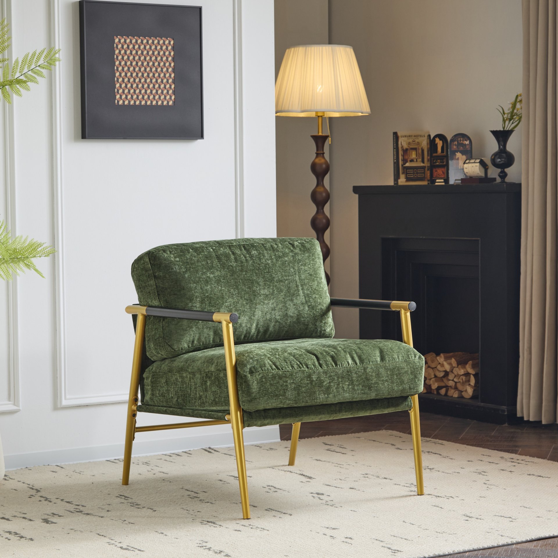 Modern Accent Chair With Plush Cushions, Minimalist Metal Frame, & Wooden Armrest Design - Gold / Green - Image 4