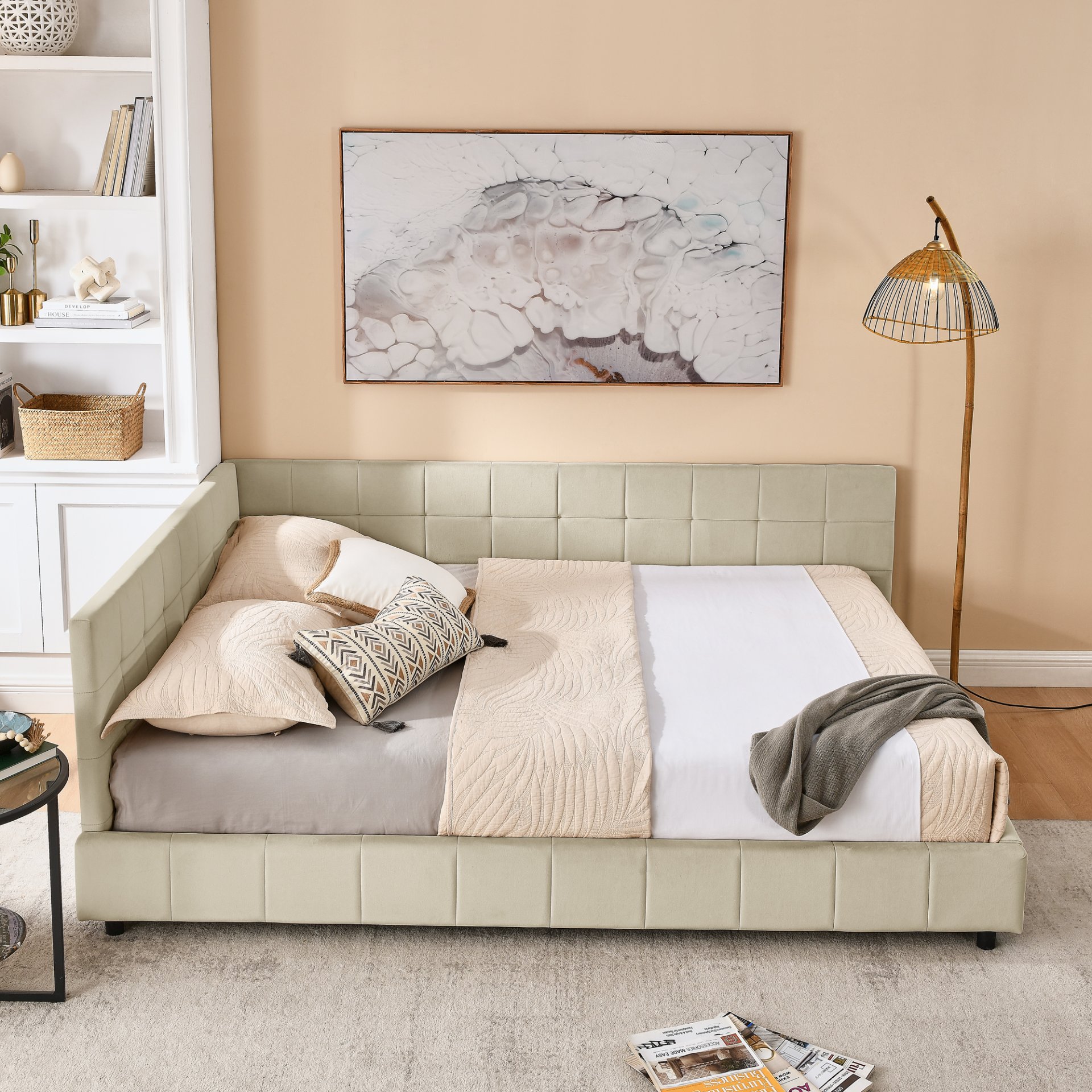 Mid Century Upholstered Tufted Queen Bed Frame With Backrest And Armrests - Beige - Image 4