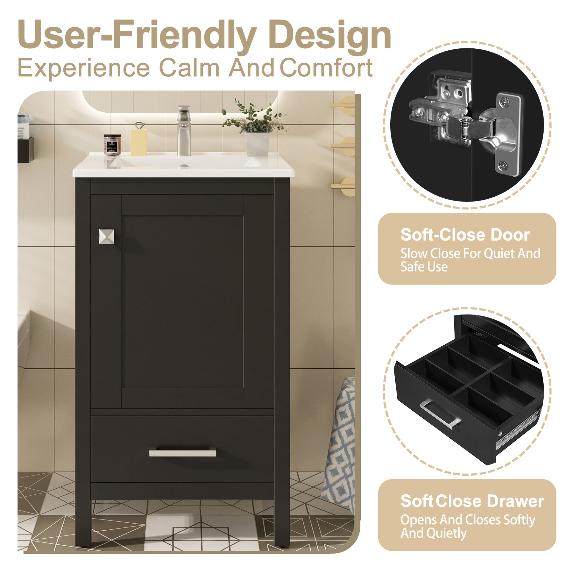 20" Bathroom Vanity With Sink, Soft Close Drawers, Door Organizer, Divider Drawer, Adjustable Foot Pads - Black - Image 8