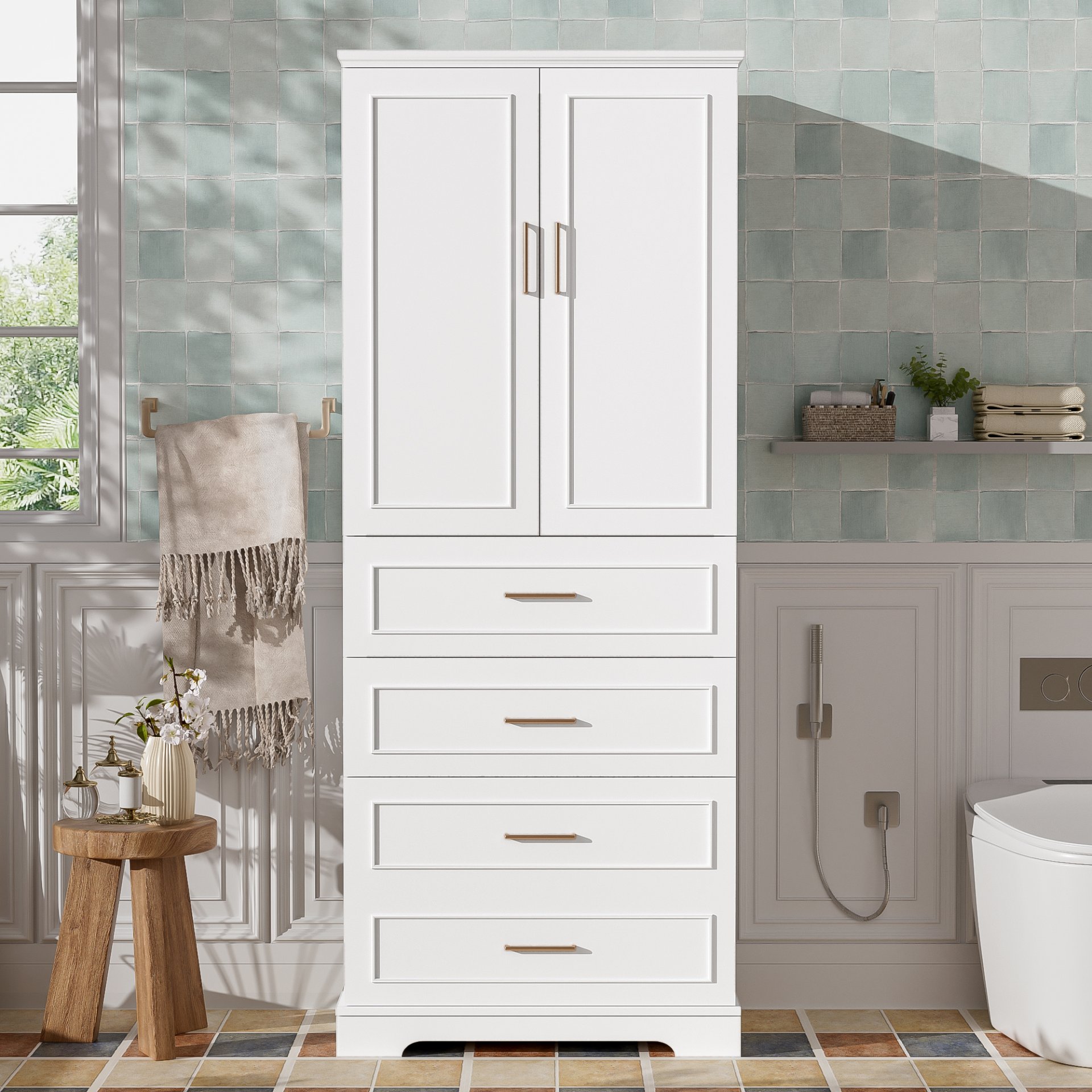 Bathroom Cabinet With 3 Drawers, Adjustable Shelf, Panels, Steel Handles, Soft Close Doors - White - Image 2