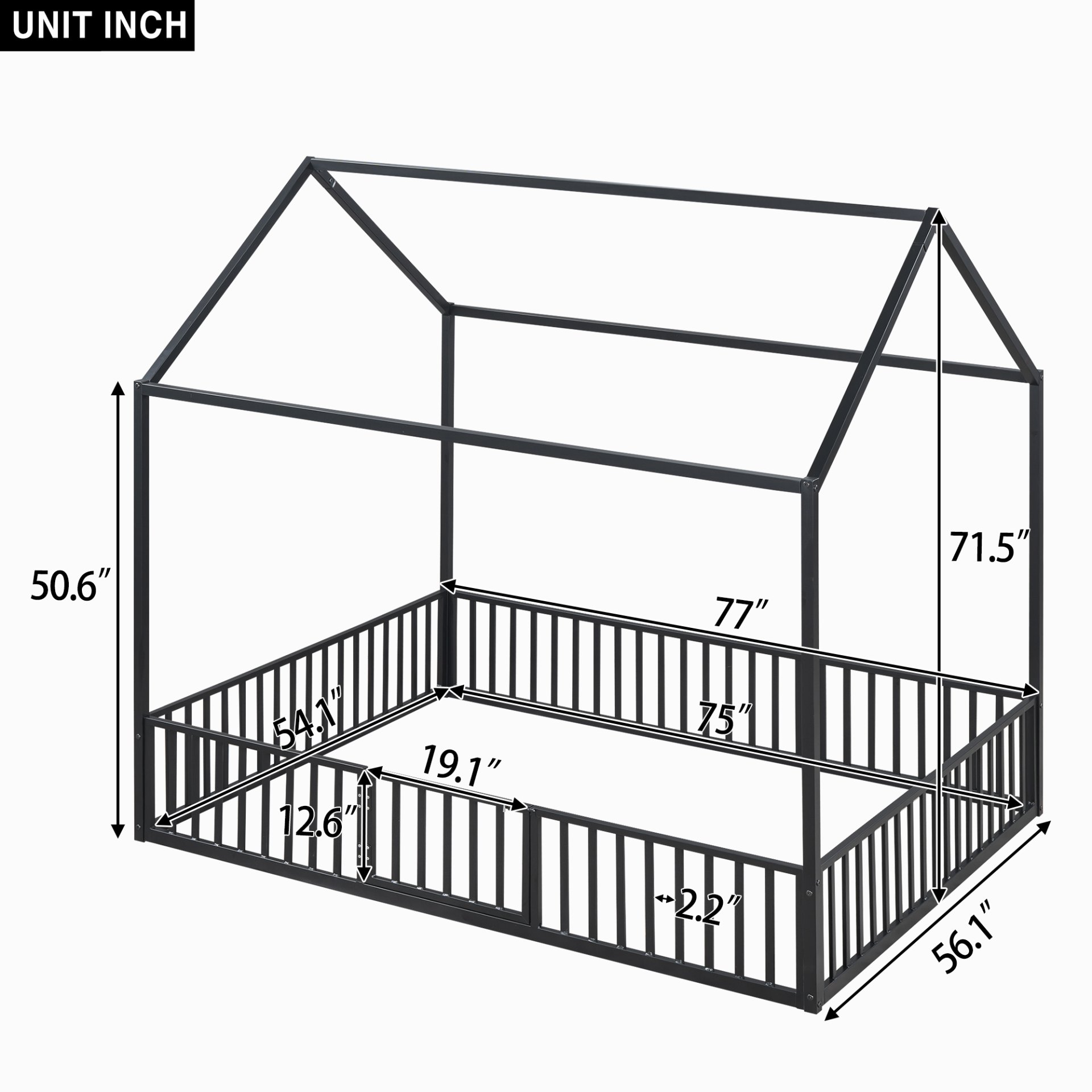 Full Size Metal House Bed With Fence And Door - Black - Image 3
