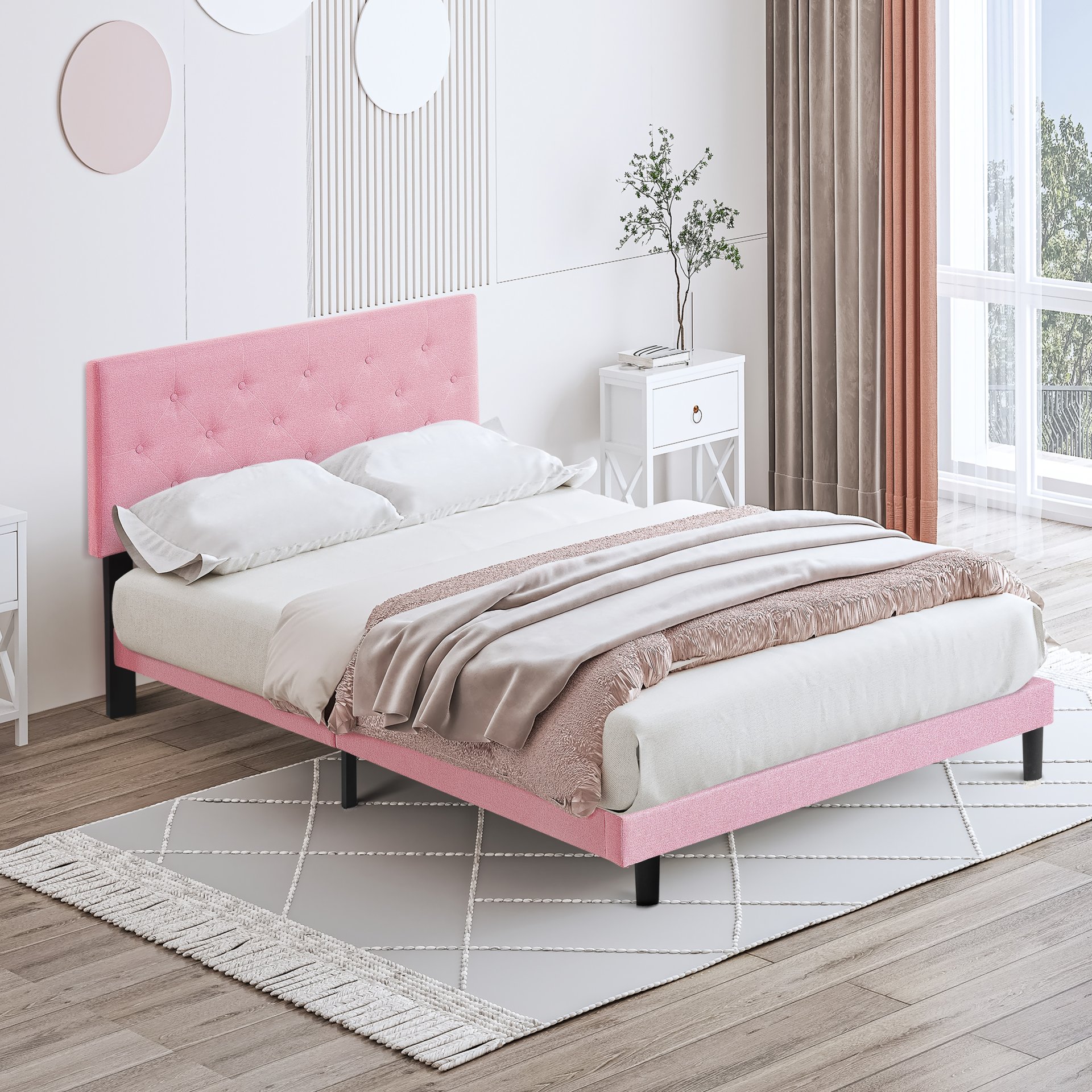 Modern Upholstered Queen Size Platform Bed Frame With Button Tufted Linen Headboard - Pink - Image 4
