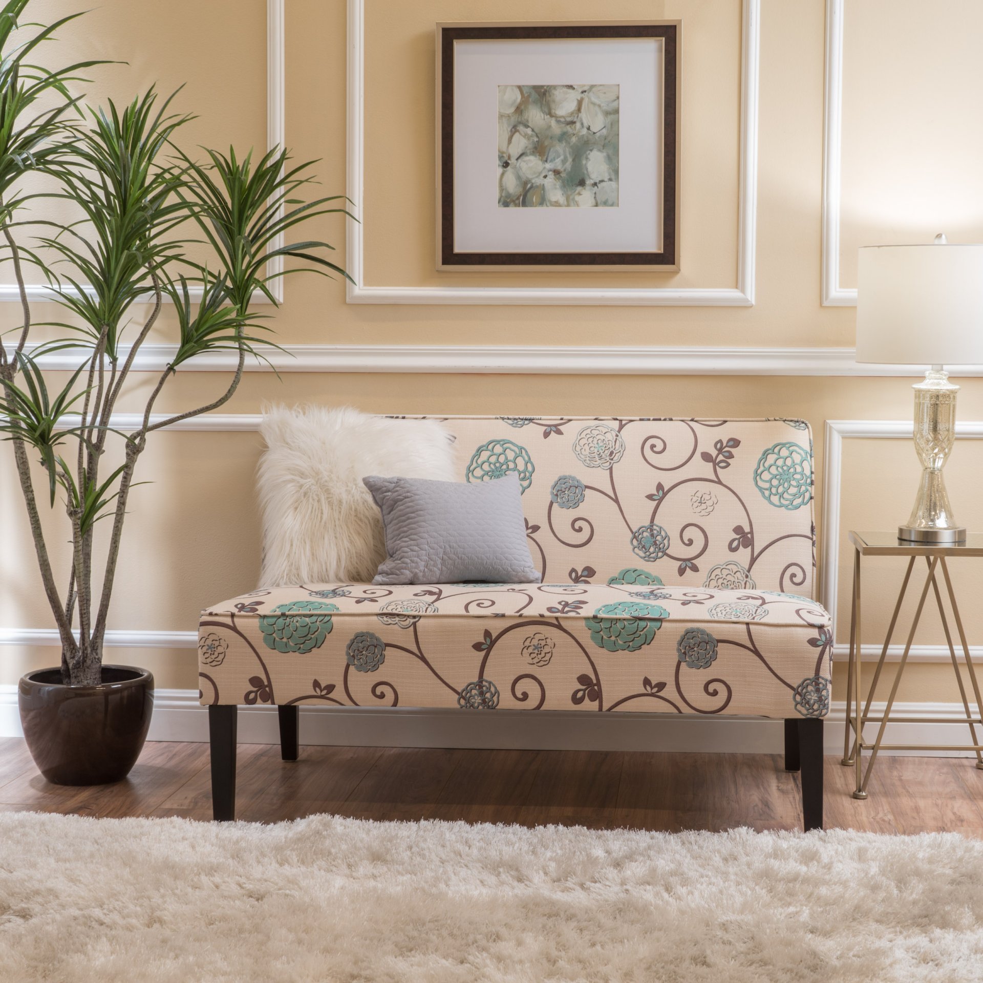 Contemporary Loveseat With Upholstered Fabric And Birch Wood Legs - White / Multi - Image 2