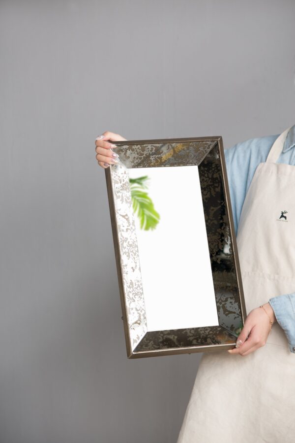 Antique Rectangle Mirror With Floral Accents, Mirrored Display Tray, Hanging Wall Mirror - Silver