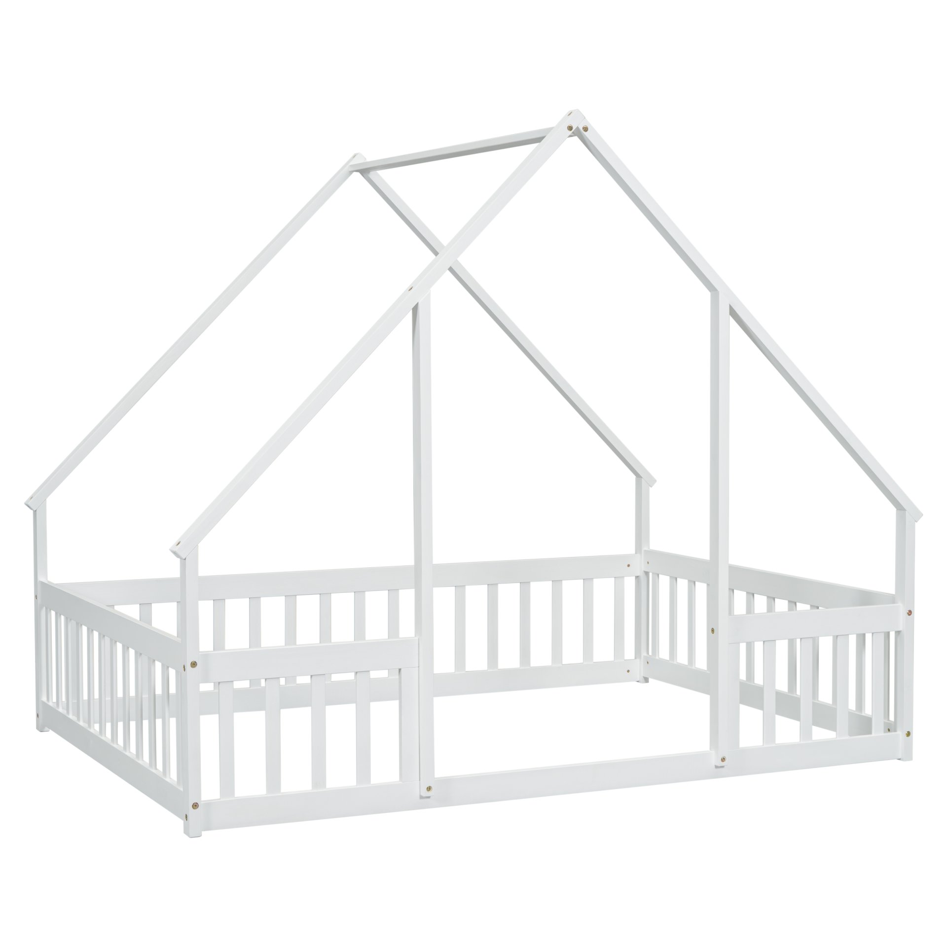 Full Wood House-Shaped Floor Bed With Fence, Guardrails - White - Image 15