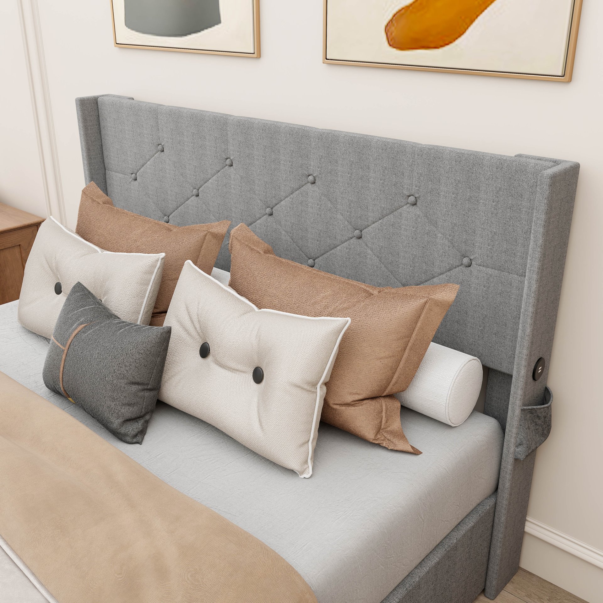 Modern Upholstered Full Size Bed Frame With Gas Lift Storage, Wingback Headboard, USB Ports - Light Gray - Image 4