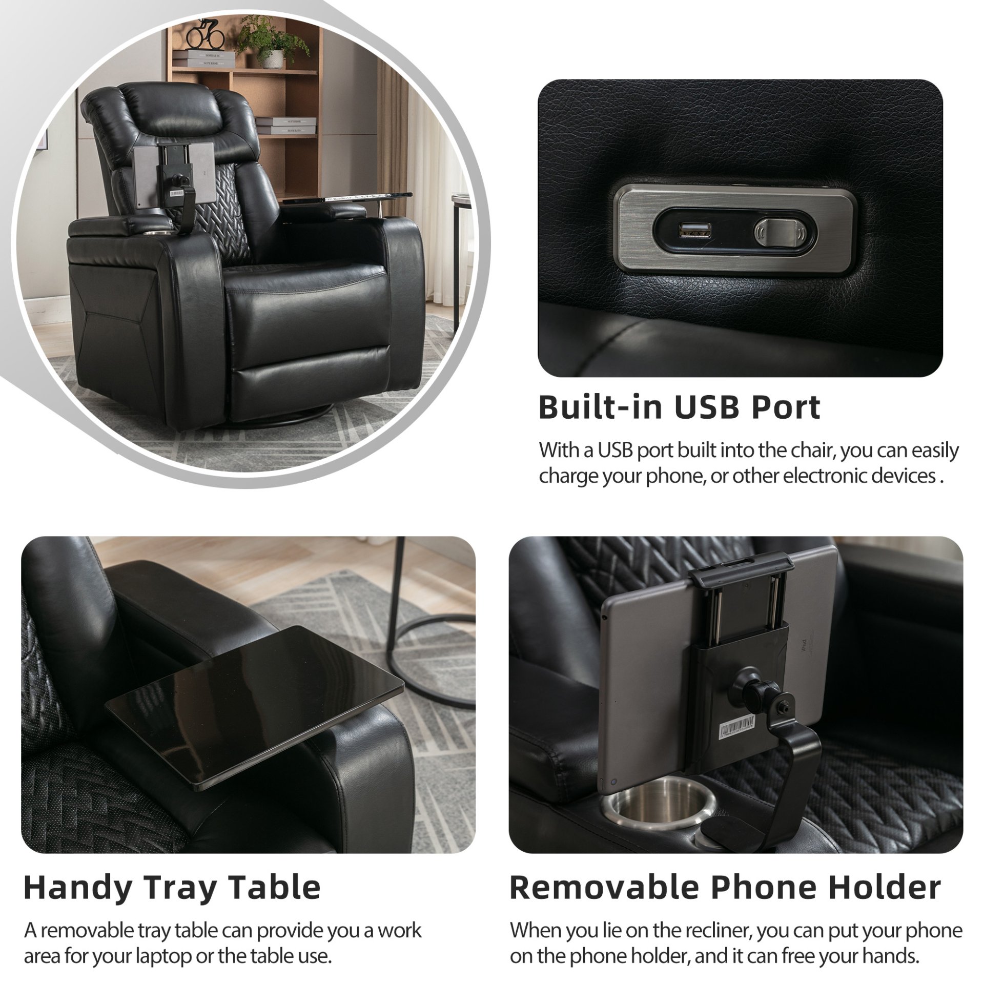Home Theater Recliner With 270 Degree Swivel, Tray Table, Phone Holder, Cup Holder & USB Port - Black - Image 6