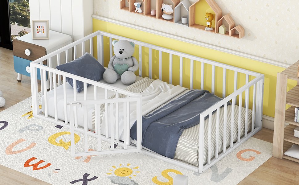 Twin Size Floor Bed Frame With Fence And Door - White - Image 12