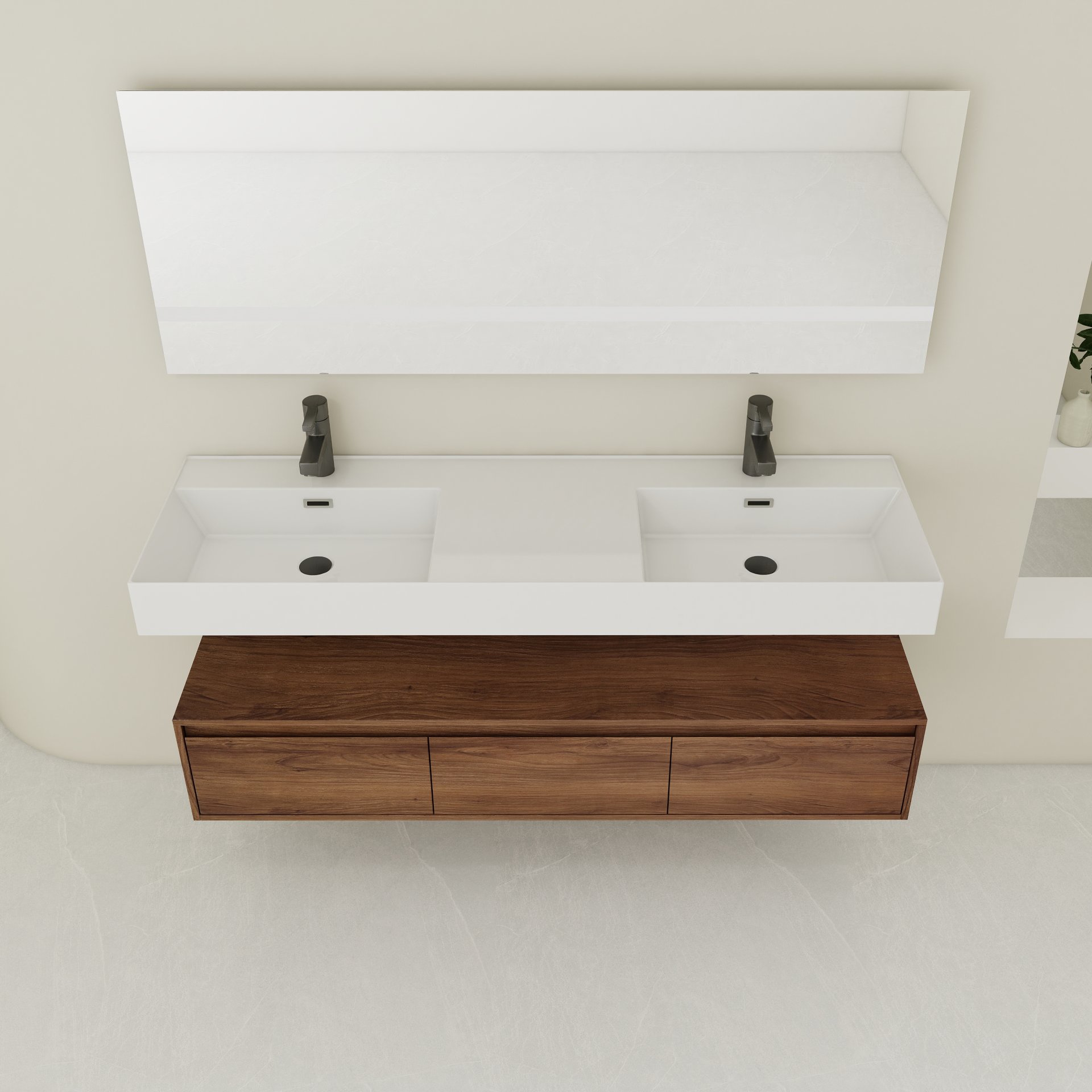 Modern Wall Mounted Bathroom Vanity With Dual Resin Sink And Soft Close Drawers - Brown Ebony - Image 5