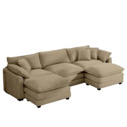 Oversized Modular Cushion Sofa Set With Portable Ottoman L Shaped Corner Low Back Deep Seating In Corduroy - Tan