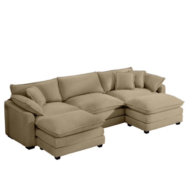 Oversized Modular Cushion Sofa Set With Portable Ottoman L Shaped Corner Low Back Deep Seating In Corduroy - Tan