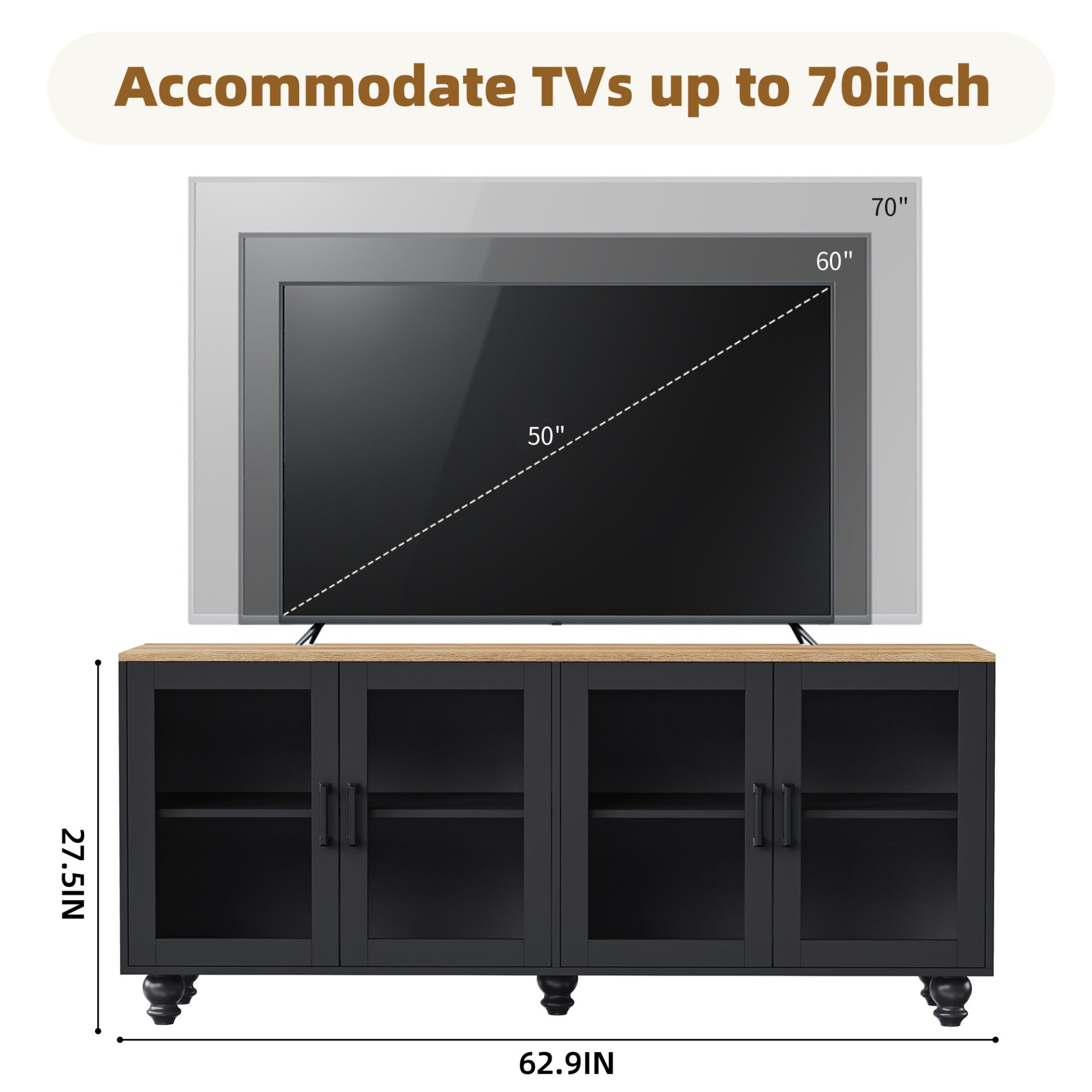 Farmhouse TV Stand With Solid Wood Gourd Shaped Legs For TVs Up To 70", Entertainment Center With Bookshelves & Tempered Glass Doors, Media Console With Adjustable Shelves, Living Room - Black / Natural - Image 6