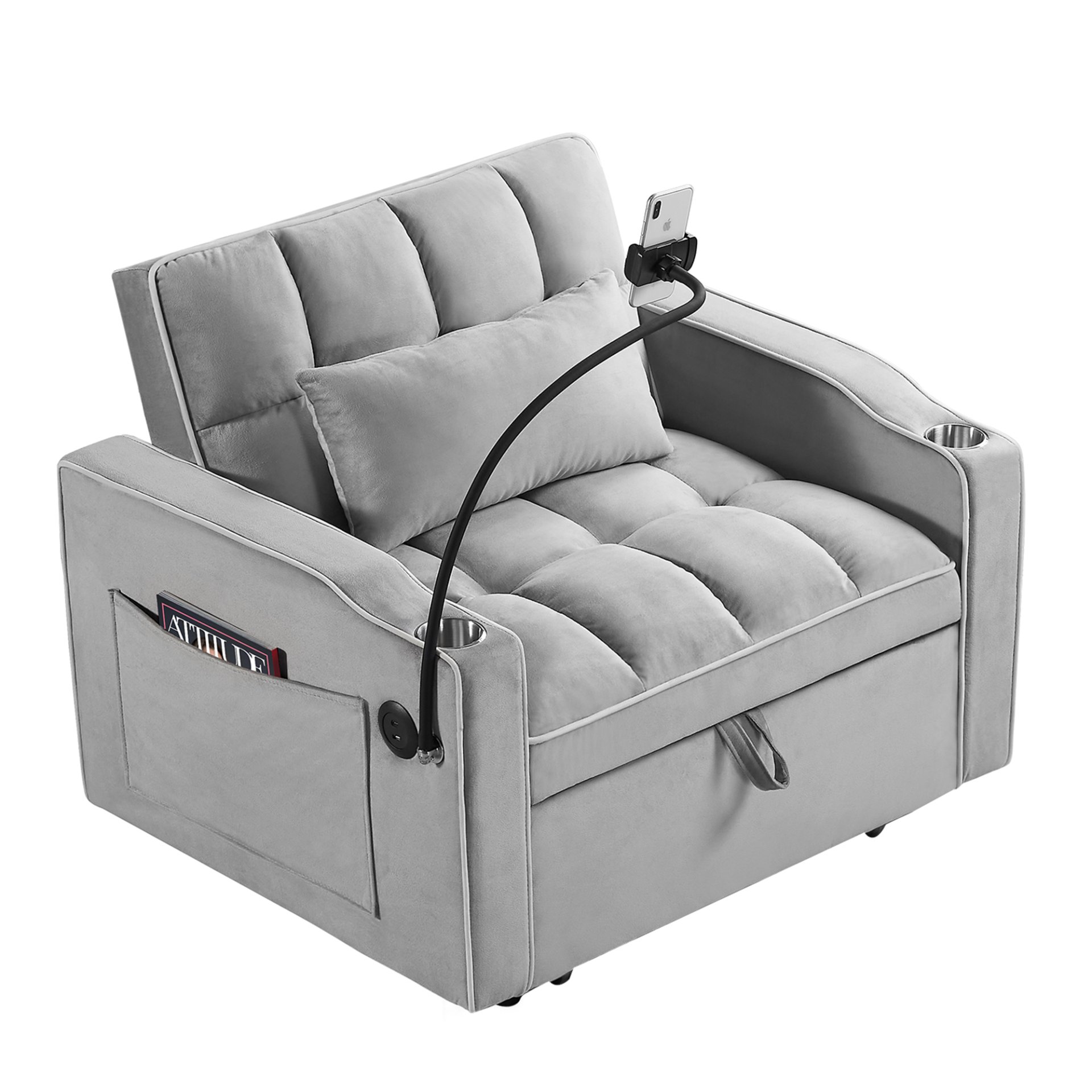 Convertible Sleeper Chair Sofa Bed Adjustable Pull Out Sleeper Chair Bed Multi-Pockets Folding Sofa Bed For Living Room Bedroom Small Space, 3 In 1 Sofa Bed - Gray - Image 3