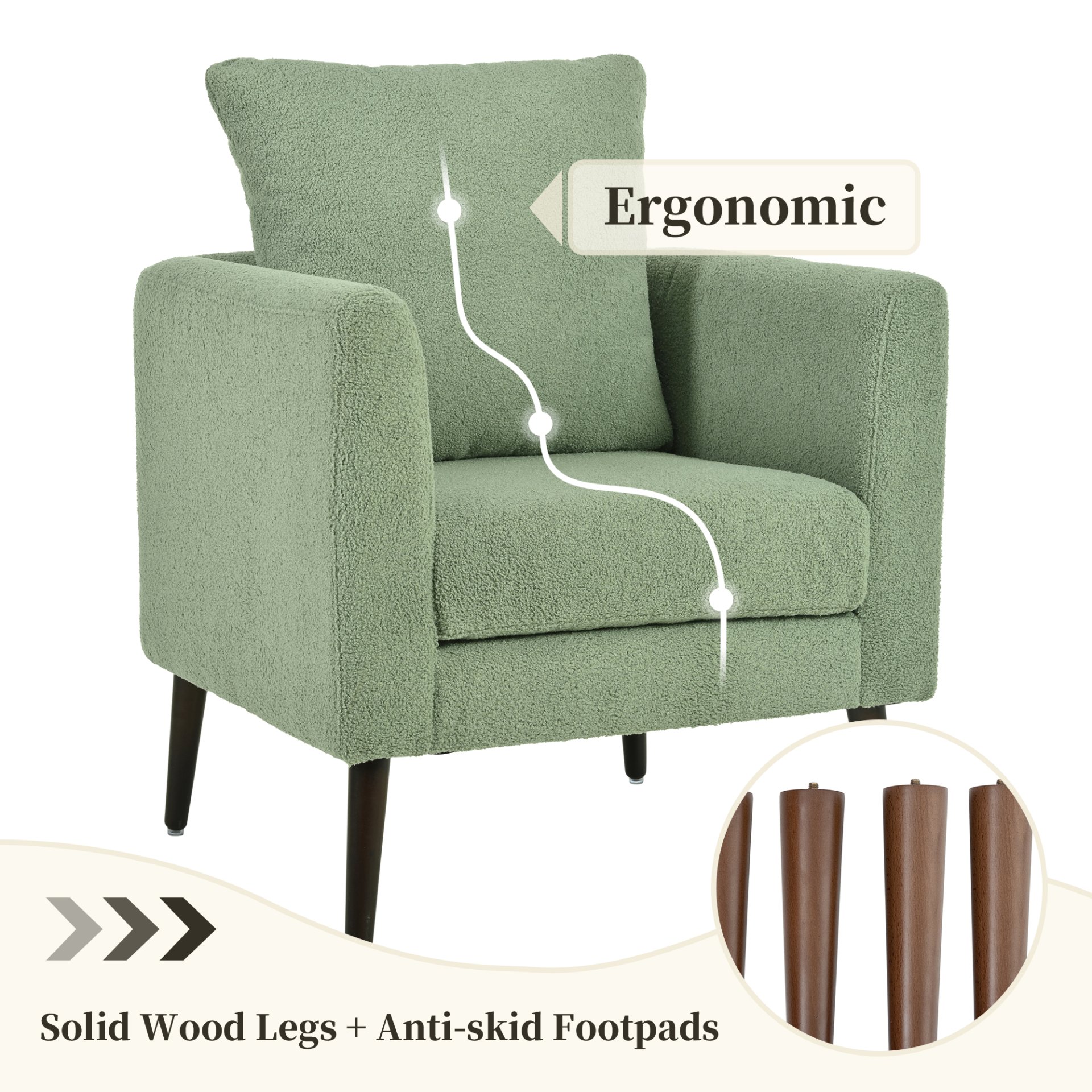 Modern Accent Chair, Upholstered Armchair For Living Room, Mid Century Fabric Lounge Chair With Pillow, Comfortable Reading Chair With Wood Legs For Living Room, Reception Room - Light Green - Image 2