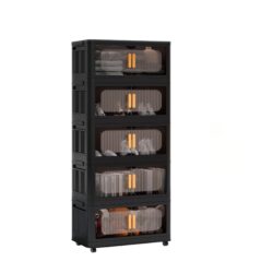 Folding Storage Cabinet 5 Tier Wide Plastic With Magnetic Doors And Wheels - Black