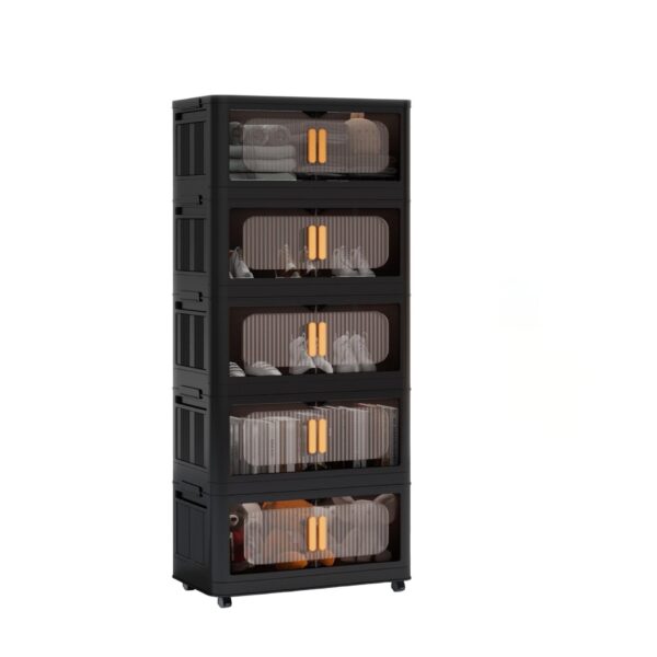 Folding Storage Cabinet 5 Tier Wide Plastic With Magnetic Doors And Wheels - Black