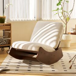 Comfortable Glider Rocking Chair, High - Quality Upholstery Glider Chair, Solid Wood Frame, Perfect For Multiple Settings Accent Reading Chair For Bedroom, Living Room, Nursery - White / Dark Brown
